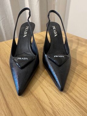 Prada Black Pointed Slingback Pumps with Logo Plaque